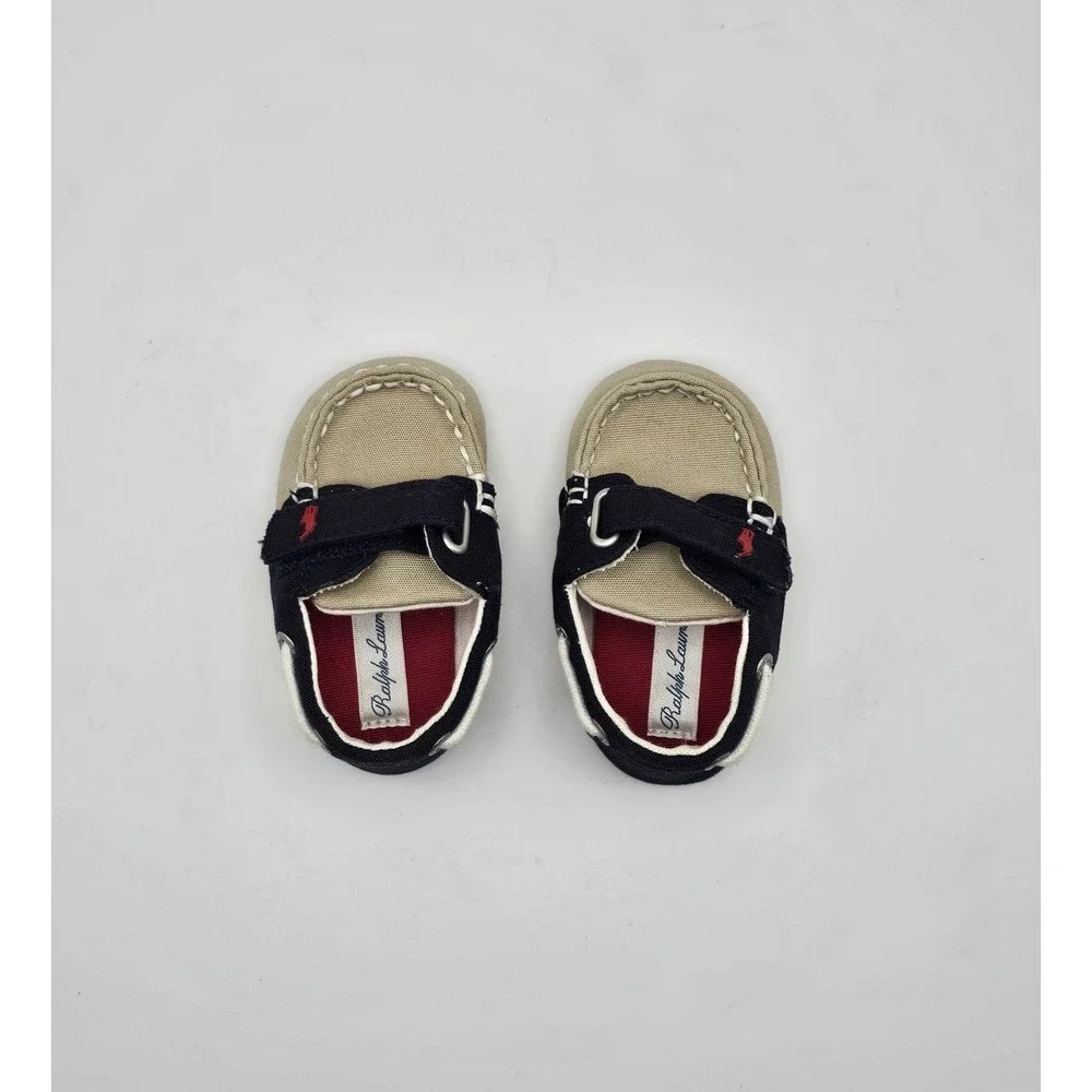 Ralph Lauren Boys Sanders EZ Canvas Deck Shoes Size 2 Pony Logo Loafer Tan Navy
